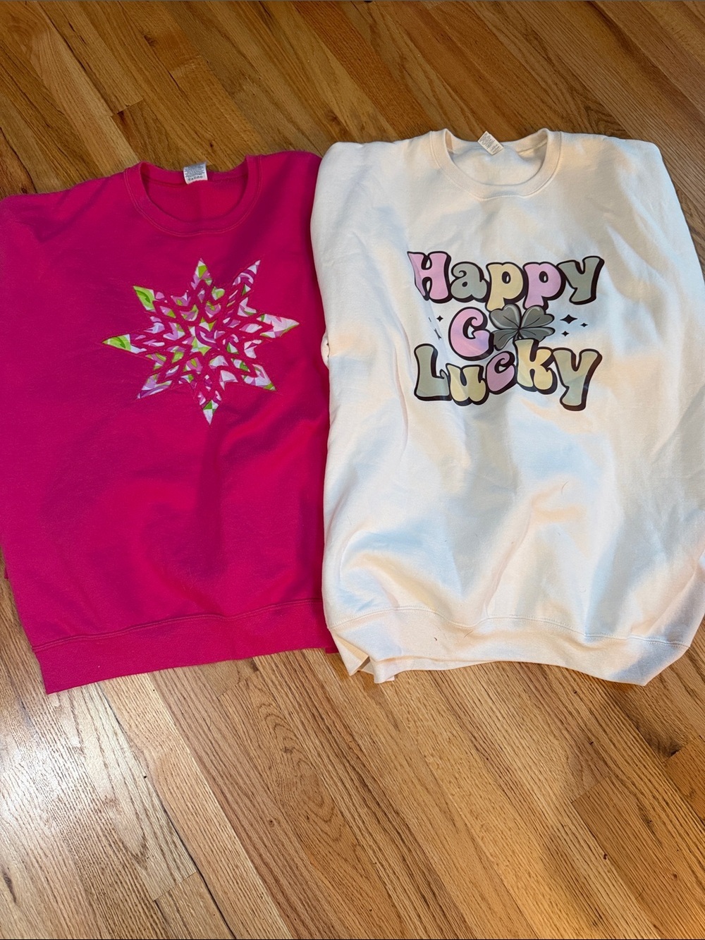 Jerzees bundle"Happy Go Lucky" Graphic Sweatshirt and pink sweatshirt